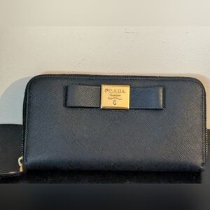 PRADA Authentic Genuine Saffiano Leather Ribbon Long Black Gold Hardware Wallet